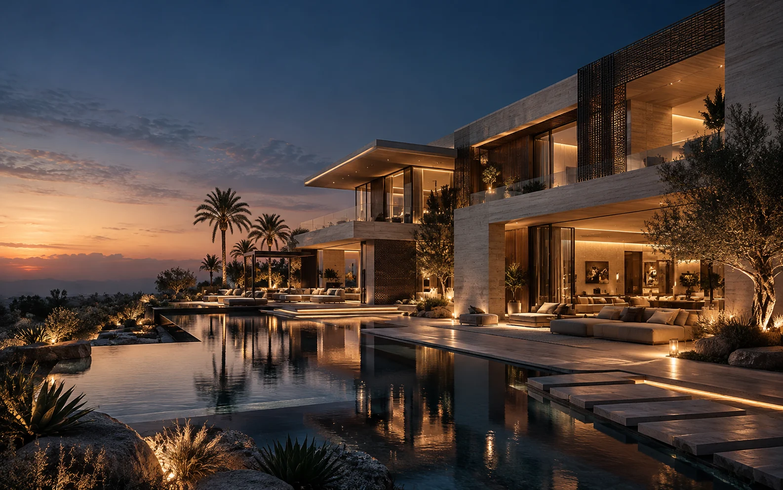 Concept study of a contemporary villa illuminated at dusk